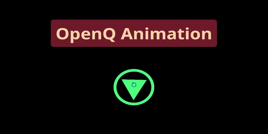 A stage showing an animated title in amber on a red rounded box, and an SVG logo rotated upside down and tinted green.