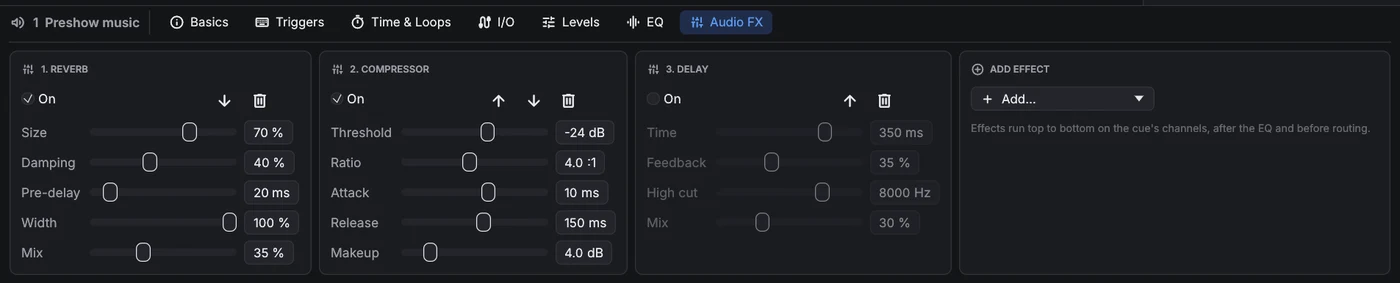 Audio FX tab: reverb, compressor and a bypassed delay as cards, and an Add effect card.
