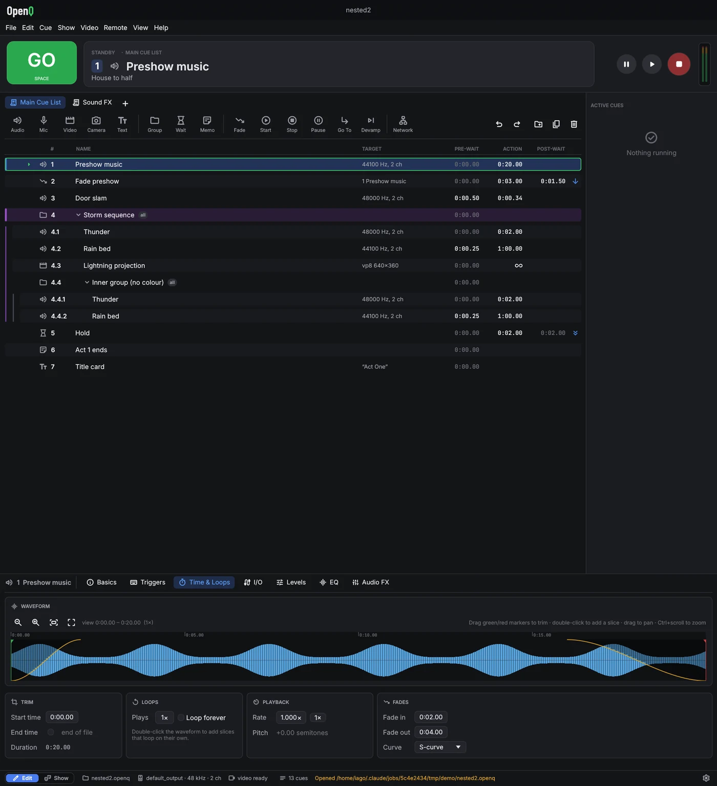 OpenQ main window in edit mode: GO button, standby card, transport, meters, toolbar, cue list and inspector.