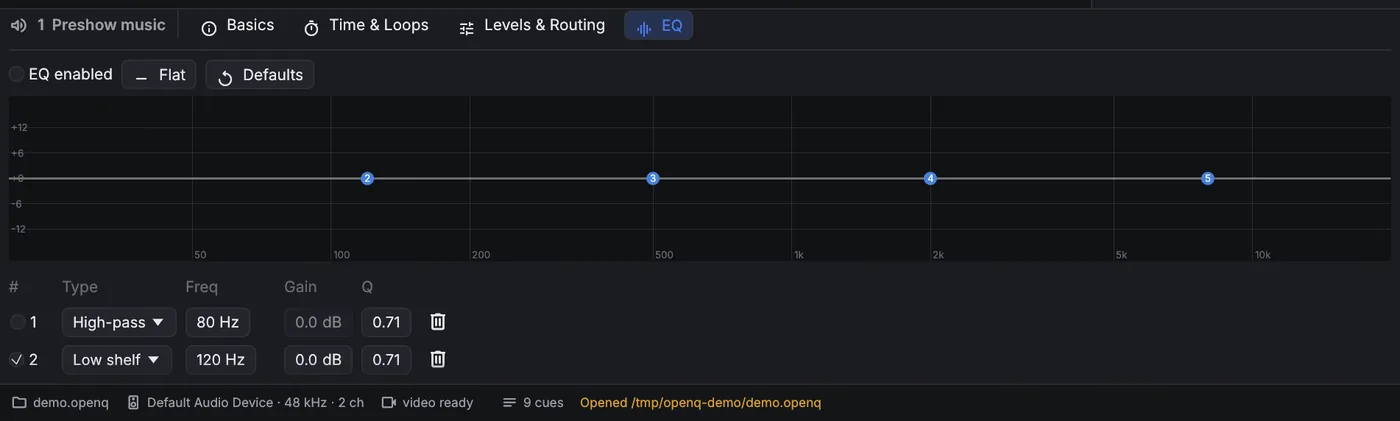Equaliser with a response curve and a list of bands.