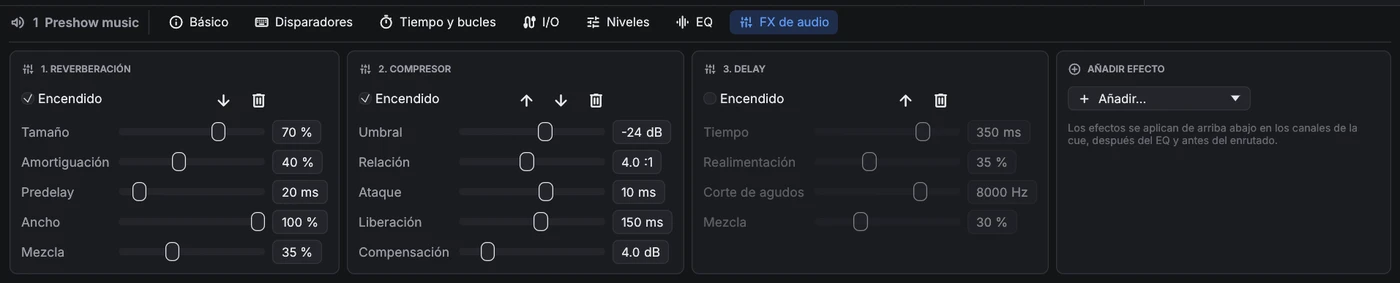 Pestaña FX de audio: reverb, compresor y un delay desactivado como tarjetas, y una tarjeta para añadir efectos.