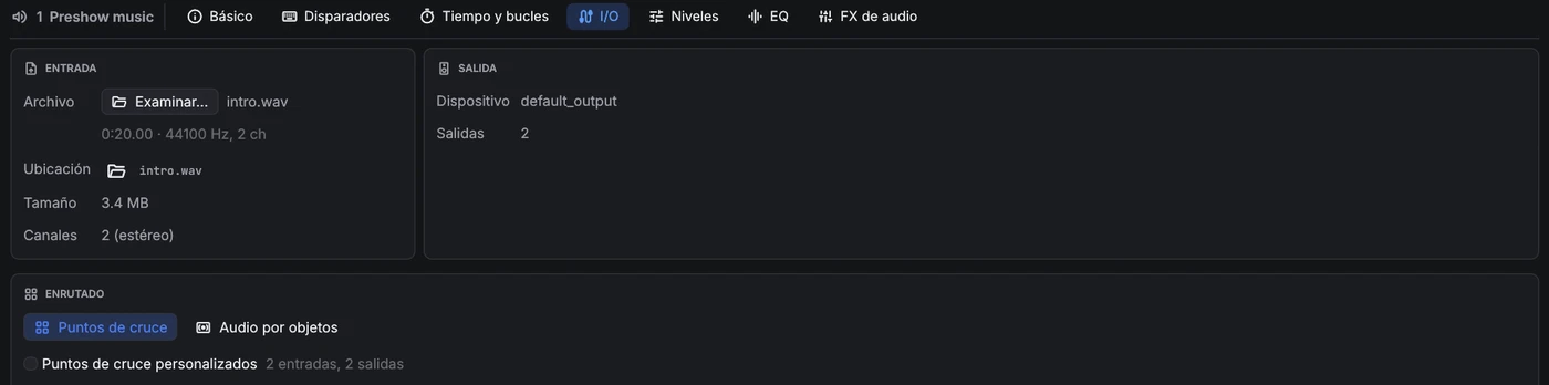 Pestaña I/O: datos del archivo de entrada, dispositivo de salida y la tarjeta de enrutado.