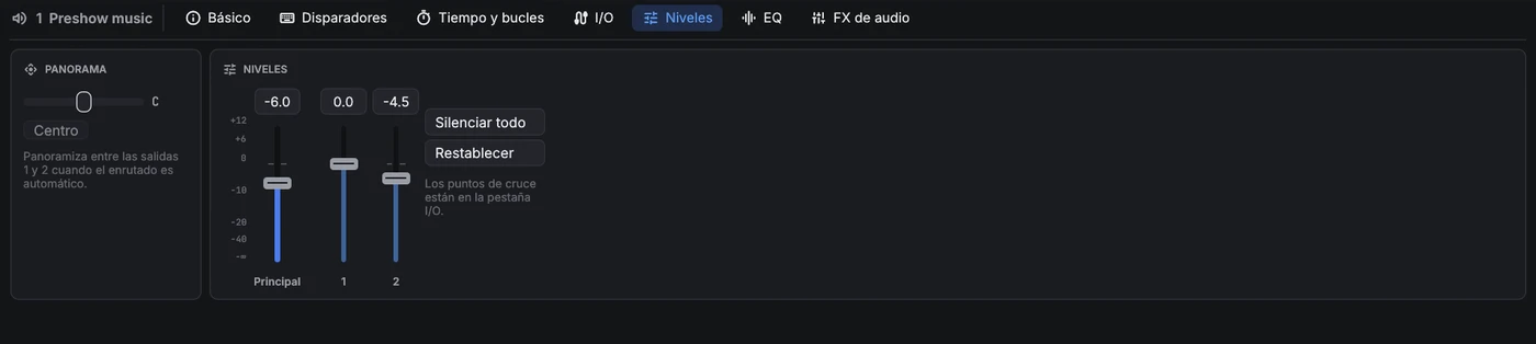 Pestaña Niveles: faders verticales para el nivel principal y las salidas 1 y 2, y una tarjeta de panorama.