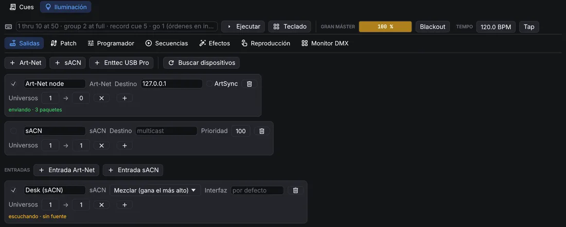 Página Salidas con una salida Art-Net enviando, una salida sACN desactivada y una entrada sACN que mezcla.