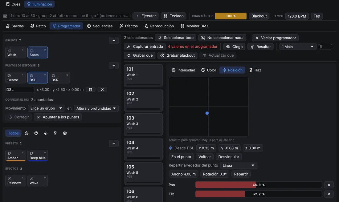 Programador con los puntos de enfoque Centre, DSL y DSR en la columna izquierda, dos spots apuntando a DSL, y la página Posición con el desplazamiento desde el punto y la fila Repartir alrededor del punto.