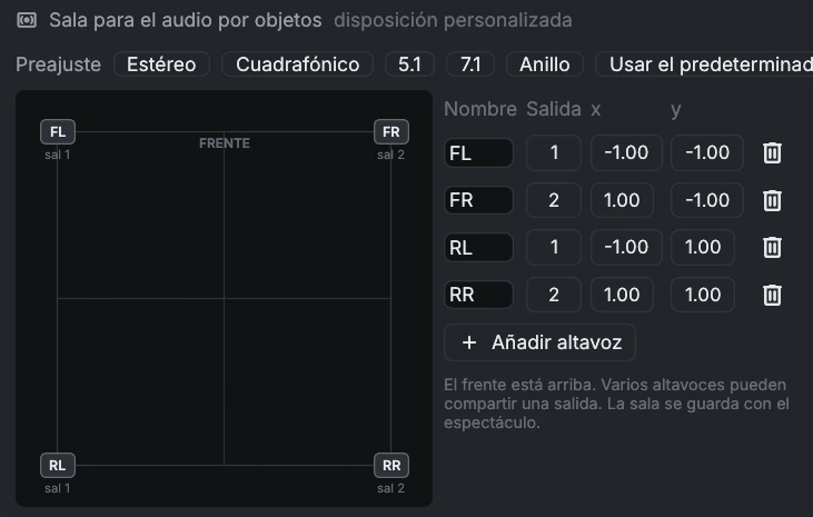 El editor de sala: una sala cuadrada con cuatro altavoces FL, FR, RL, RR y una tabla con sus salidas y posiciones.