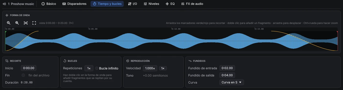 Pestaña Tiempo y bucles: forma de onda con marcadores de recorte y curvas de fundido, y las tarjetas Recorte, Bucles, Reproducción y Fundidos.