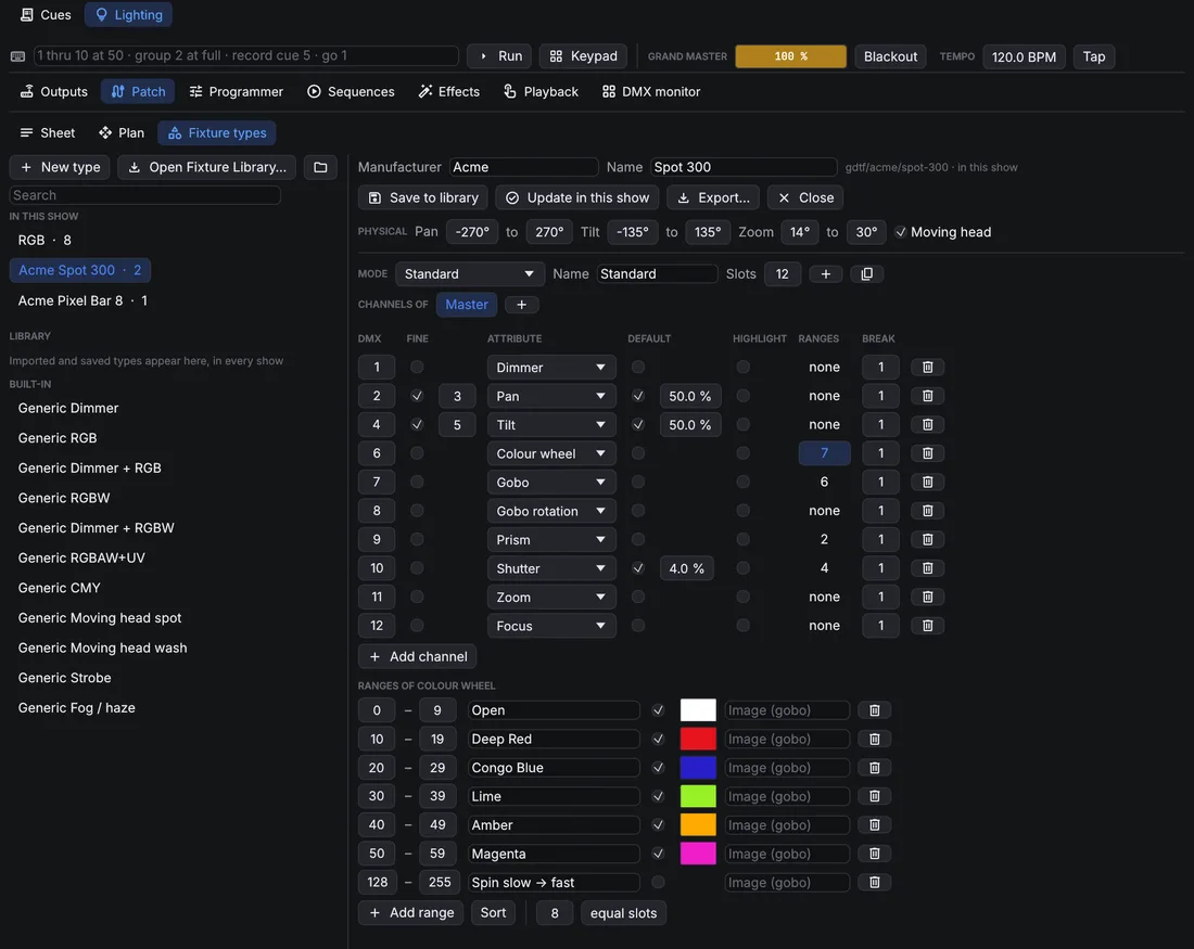 Fixture type editor for a moving spot, listing channels with attribute, fine channel, default and ranges.