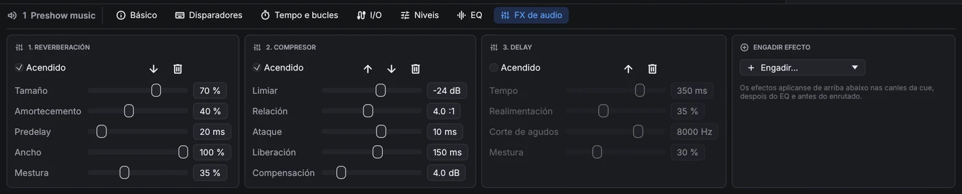 Lapela FX de audio: reverb, compresor e un delay desactivado como tarxetas, e unha tarxeta para engadir efectos.