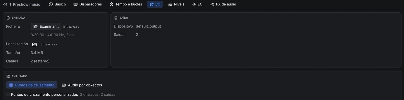 Lapela I/O: datos do ficheiro de entrada, dispositivo de saída e a tarxeta de enrutado.
