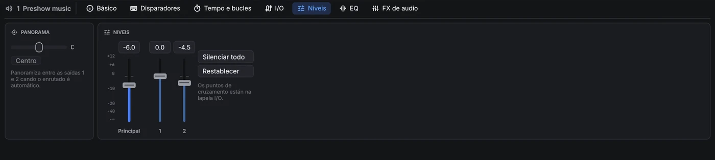 Lapela Niveis: faders verticais para o nivel principal e as saídas 1 e 2, e unha tarxeta de panorama.
