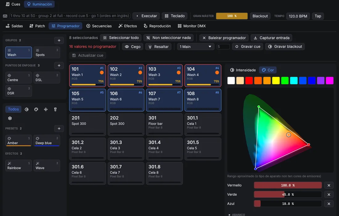 Páxina Programador: grupos, presets e efectos como tarxetas na columna da esquerda, fichas de aparatos con oito washes seleccionados, e a páxina de cor co rango de cor dos washes.