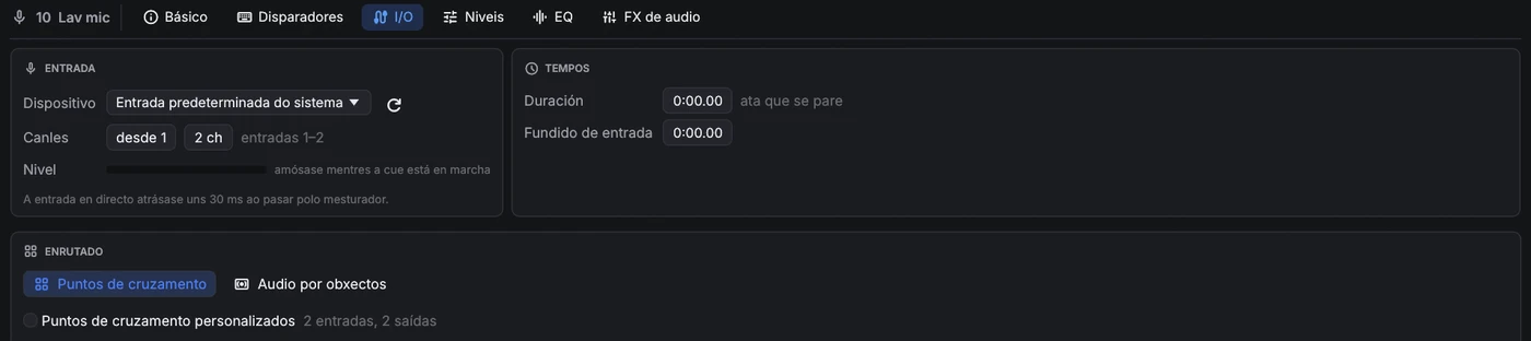 Lapela I/O dunha cue Micro: dispositivo de entrada, canles e medidor de nivel, tempos e enrutado.