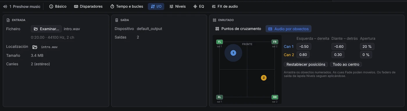 Lapela I/O en modo audio por obxectos: unha sala con catro altofalantes e dous obxectos numerados, e as súas posicións.