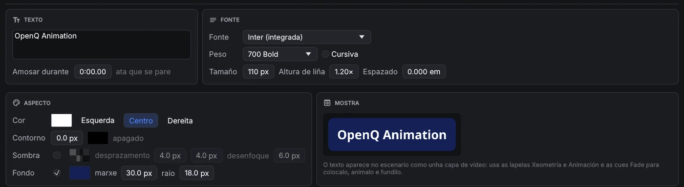 Lapela Texto en tarxetas: o texto, a fonte (peso, tamaño, entreliñado, espazado), o aspecto (cor, aliñamento, contorno, sombra, caixa de fondo) e unha mostra.