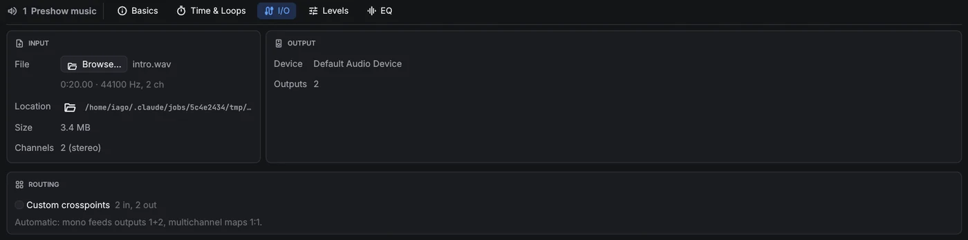 I/O tab: input file details, output device and the routing card.