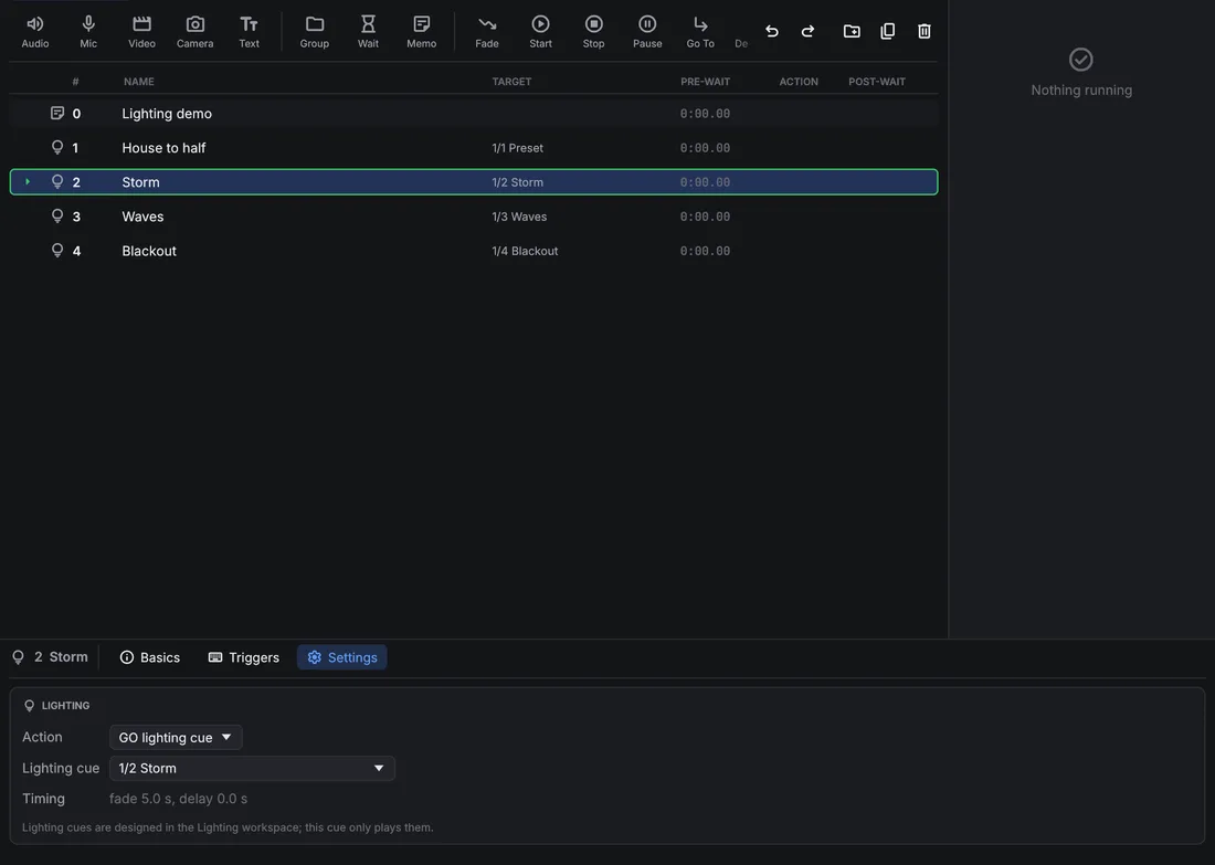 Cue list with Light cues targeting lighting cues 1/1 to 1/4, and the Settings tab of the selected Light cue.