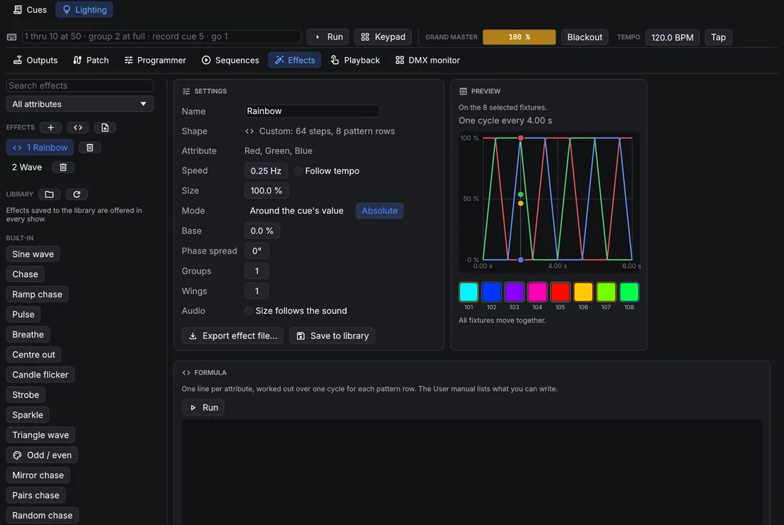 Effects page with a formula effect: settings, preview of red, green and blue across twelve fixtures, and the rainbow formula with its slider.