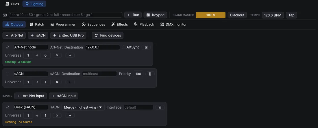 Outputs page with an Art-Net output sending, a disabled sACN output, and an sACN input set to merge.