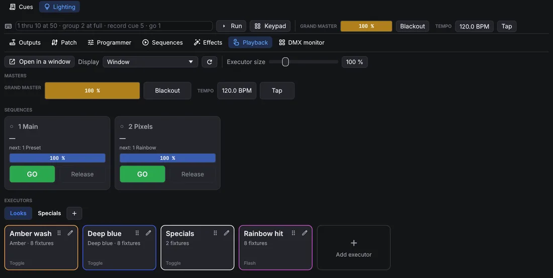 Playback page: grand master, blackout and tempo, sequence cards with GO and Release, and a page of executor buttons.
