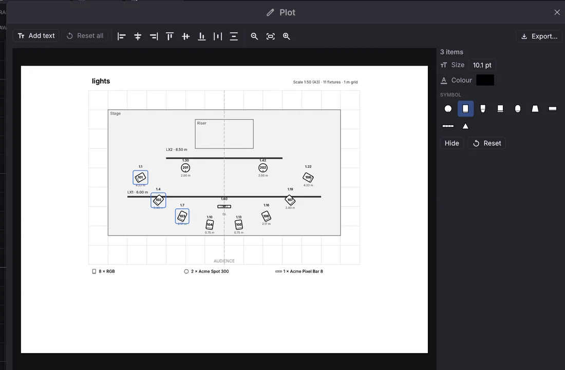 Plot editor: an A3 page with the stage, bars, fixture symbols and labels, a legend, and the side column for the selected items.