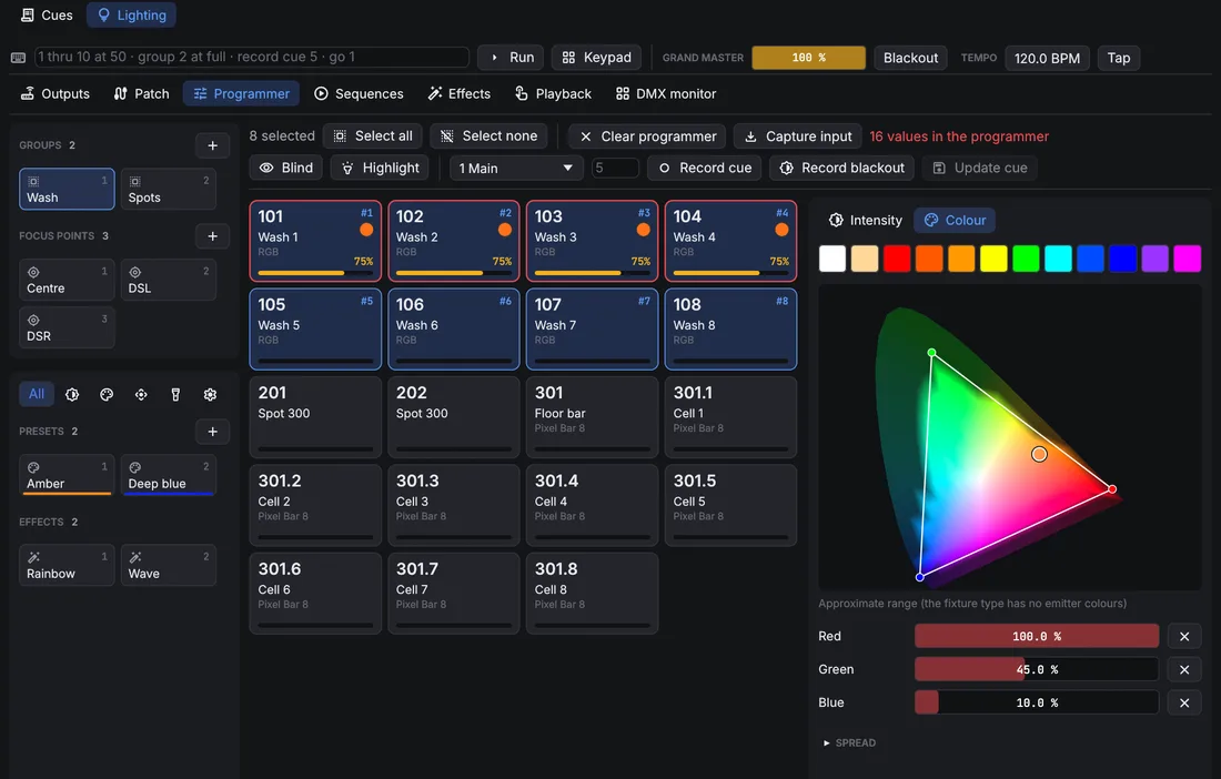 Programmer page: groups, presets and effects as cards in the left column, fixture tiles with eight washes selected, and the colour page with the colour range of the washes.