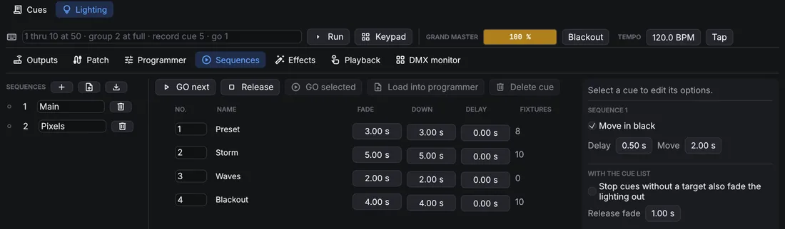Sequences page with sequence Main and its four cues, their fade, down fade and delay times.