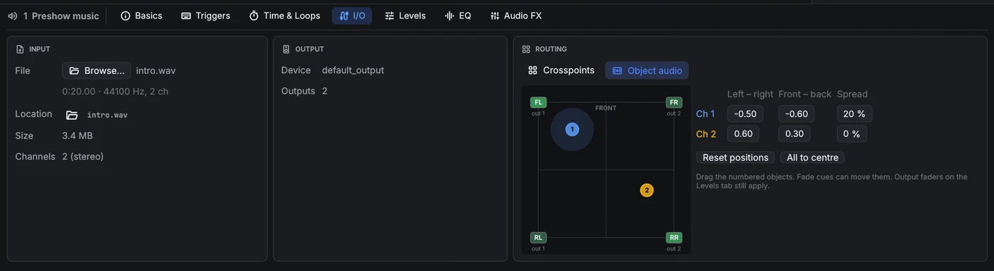 I/O tab in object audio mode: a room with four speakers and two numbered objects, and their positions.