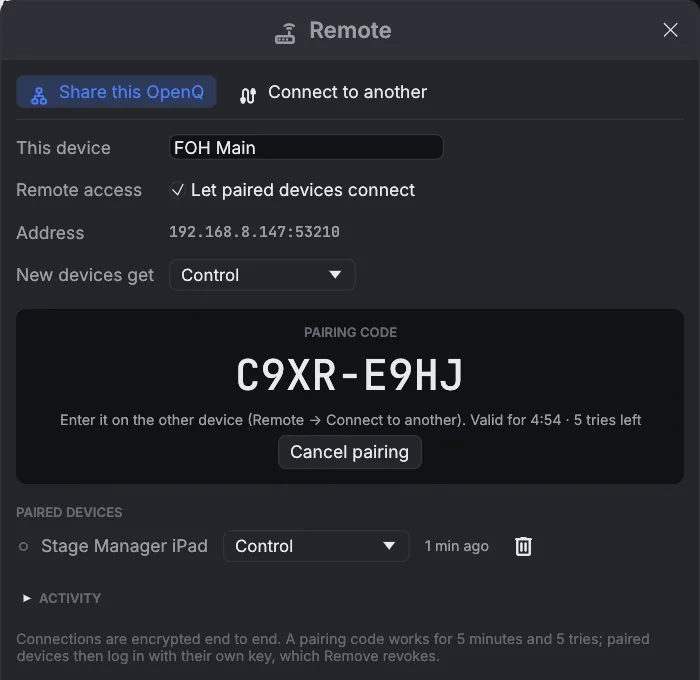 Remote window on the main device showing a pairing code and a paired device list.