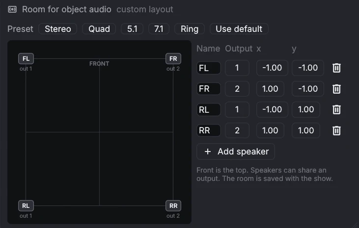 The room editor: a square room with four speakers FL, FR, RL, RR and a table of their outputs and positions.
