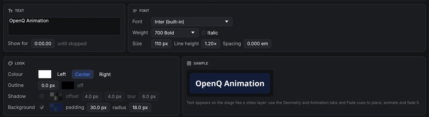 Text tab in cards: the text, font (weight, size, line height, spacing), look (colour, alignment, outline, shadow, background box) and a rendered sample.