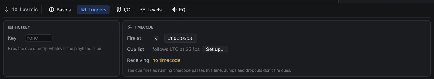 Triggers tab: a hotkey card, and a timecode card with the trigger time, the list's timecode source and what it is receiving.