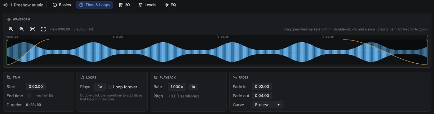 Time and Loops tab: waveform with trim markers and fade curves, then Trim, Loops, Playback and Fades cards.